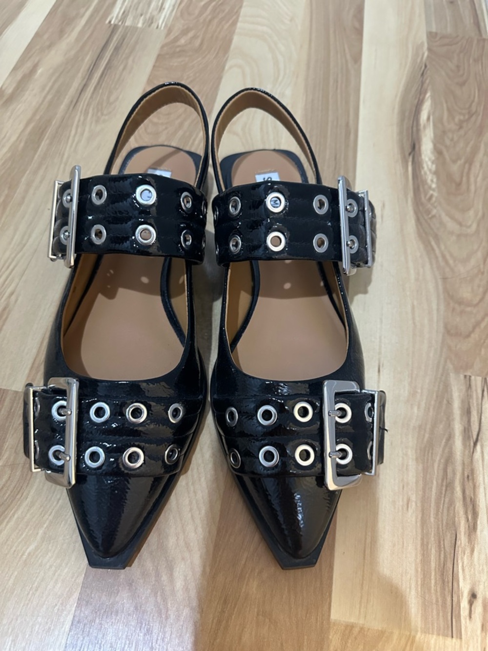 Steve Madden Black Patent Pointed Slingback Flats with Buckle Detail